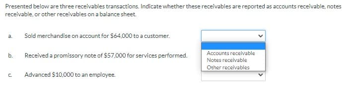 Presented below are three receivables transactions. Indicate whether these receivables are reported as accounts receivable, notes
receivable, or other receivables on a balance sheet.
a.
Sold merchandise on account for $64,000 to a customer.
Accounts receivable
b.
Received a promissory note of $57,000 for services performed.
Notes receivable
Other receivables
C.
Advanced $10,000 to an employee.
