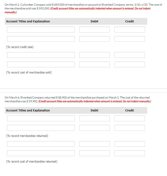 On March 2, Cullumber Company sold $ 889,000 of merchandise on account to Riverbed Company, terms 3/10, n/30. The cost of
the merchandise sold was $ 592,000. (Credit account titles are automatically indented when amount is entered. Do not indent
manually.)
Account Titles and Explanation
Debit
Credit
(To record credit sale)
(To record cost of merchandise sold)
On March 6, Riverbed Company returned $ 88,900 of the merchandise purchased on March 2. The cost of the returned
merchandise was $ 59,900. (Credit account titles are automatically indented when amount is entered. Do not indent manually.)
Account Titles and Explanation
Debit
Credit
(To record merchandise returned)
(To record cost of merchandise returned)
