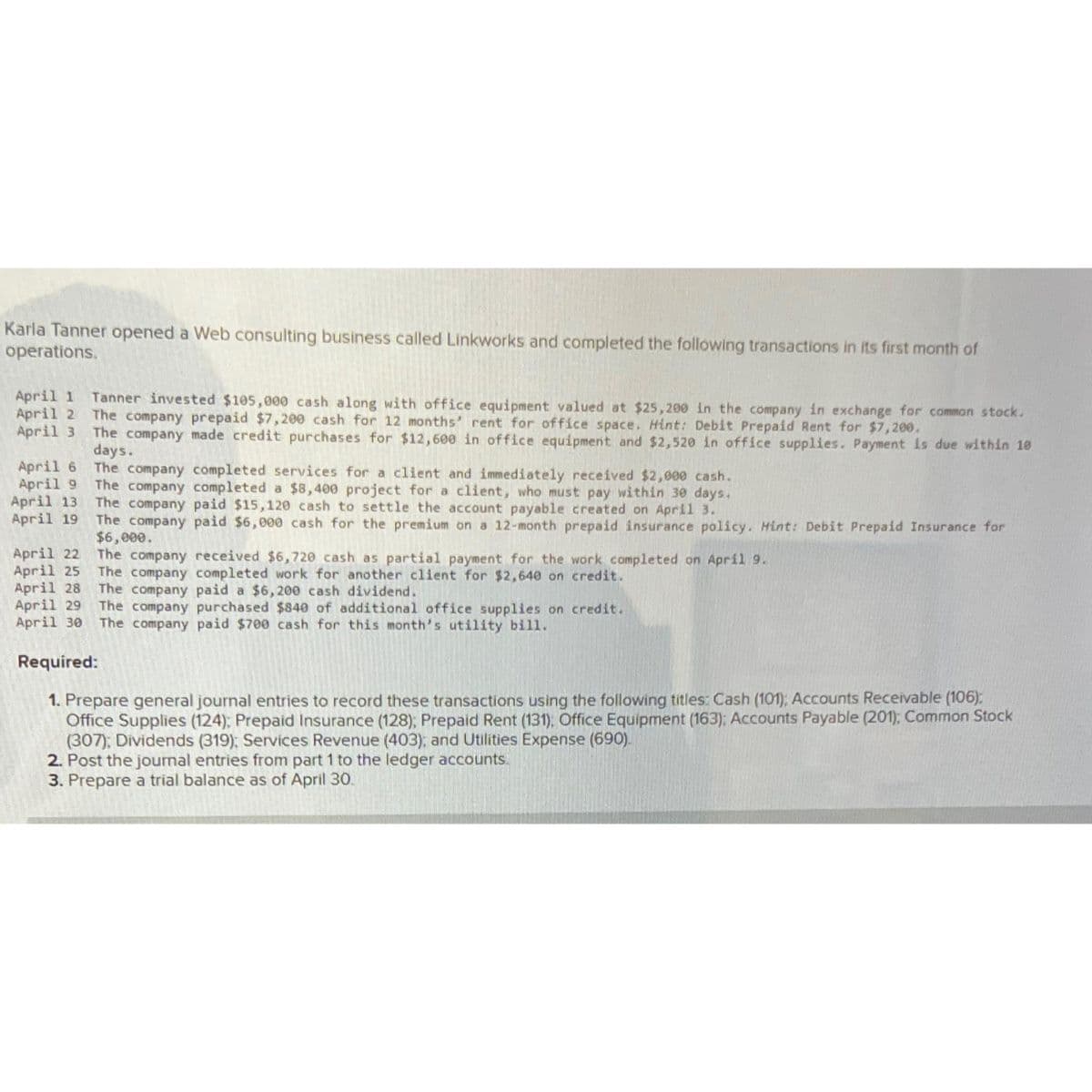 Karla Tanner opened a Web consulting business called Linkworks and completed the following transactions in its first month of
operations.
April 1
April 2
April 3
April 6
April 9
April 13
April 19
Tanner invested $105,000 cash along with office equipment valued at $25,200 in the company in exchange for common stock.
The company prepaid $7,200 cash for 12 months' rent for office space. Hint: Debit Prepaid Rent for $7,200.
The company made credit purchases for $12,600 in office equipment and $2,520 in office supplies. Payment is due within 10
days.
The company completed services for a client and immediately received $2,000 cash.
The company completed a $8,400 project for a client, who must pay within 30 days.
The company paid $15,120 cash to settle the account payable created on April 3.
The company paid $6,000 cash for the premium on a 12-month prepaid insurance policy. Hint: Debit Prepaid Insurance for
$6,000.
The company received $6,720 cash as partial payment for the work completed on April 9.
The company completed work for another client for $2,640 on credit.
April 22
The company paid a $6,200 cash dividend.
April 25
April 28
April 29 The company purchased $840 of additional office supplies on credit.
April 30 The company paid $700 cash for this month's utility bill.
Required:
1. Prepare general journal entries to record these transactions using the following titles: Cash (101); Accounts Receivable (106):
Office Supplies (124); Prepaid Insurance (128); Prepaid Rent (131), Office Equipment (163); Accounts Payable (201); Common Stock
(307); Dividends (319); Services Revenue (403); and Utilities Expense (690).
2. Post the journal entries from part 1 to the ledger accounts.
3. Prepare a trial balance as of April 30.
