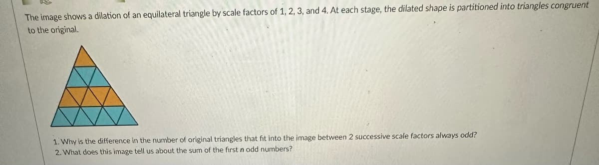 The image shows a dilation of an equilateral triangle by scale factors of 1, 2, 3, and 4. At each stage, the dilated shape is partitioned into triangles congruent
to the original.
1. Why is the difference in the number of original triangles that fit into the image between 2 successive scale factors always odd?
2. What does this image tell us about the sum of the first n odd numbers?