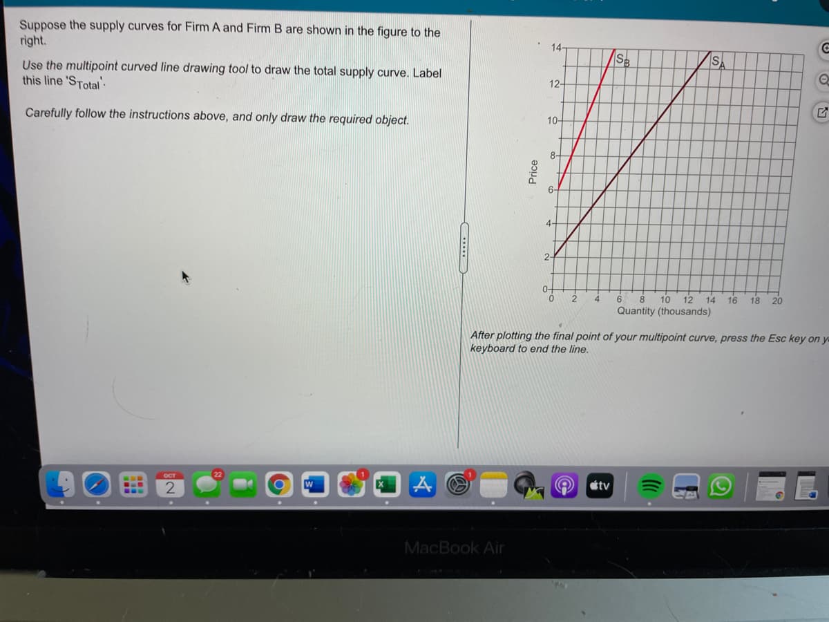 Suppose the supply curves for Firm A and Firm B are shown in the figure to the
right.
14
SA
Use the multipoint curved line drawing tool to draw the total supply curve. Label
this line 'STotal:
12-
Carefully follow the instructions above, and only draw the required object.
10-
0-
10
12
Quantity (thousands)
4
14
16
18
20
After plotting the final point of your multipoint curve, press the Esc key on y
keyboard to end the line.
22
2.
tv
...
MacBook Air
Price
