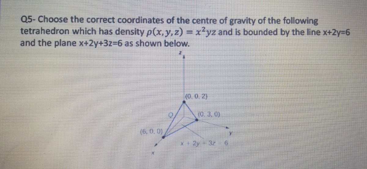 Q5- Choose the correct coordinates of the centre of gravity of the following
tetrahedron which has density p(x,y,z) = x²yz and is bounded by the line x+2y-6
and the plane X+2y+3z%36 as shown below.
(0.0.2)
(O) ३. ०)
(6,0,0)
