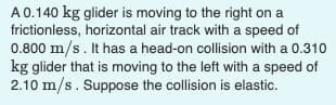 A0.140 kg glider is moving to the right on a
frictionless, horizontal air track with a speed of
0.800 m/s. It has a head-on collision with a 0.310
kg glider that is moving to the left with a speed of
2.10 m/s. Suppose the collision is elastic.
