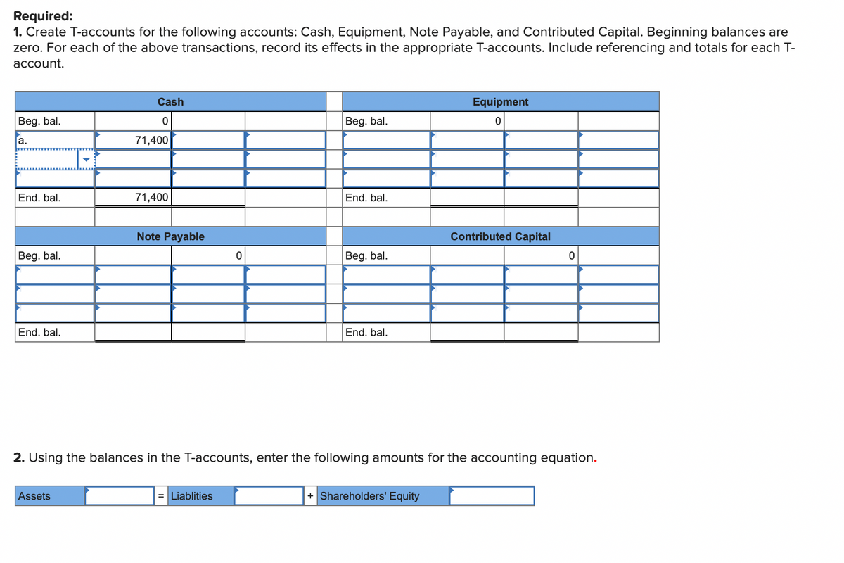 Required:
1. Create T-accounts for the following accounts: Cash, Equipment, Note Payable, and Contributed Capital. Beginning balances are
zero. For each of the above transactions, record its effects in the appropriate T-accounts. Include referencing and totals for each T-
account.
Beg. bal.
a.
End. bal.
Beg. bal.
End. bal.
Cash
0
Assets
71,400
71,400
Note Payable
0
= Liablities
Beg. bal.
End. bal.
Beg. bal.
End. bal.
Equipment
0
2. Using the balances in the T-accounts, enter the following amounts for the accounting equation.
+ Shareholders' Equity
Contributed Capital
0