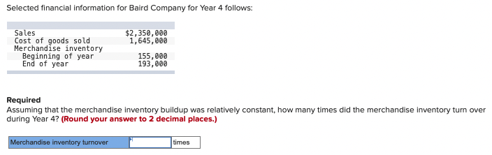 Selected financial information for Baird Company for Year 4 follows:
Sales
Cost of goods sold
Merchandise inventory
Beginning of year
End of year
$2,350,000
1,645,000
155,000
193,000
Required
Assuming that the merchandise inventory buildup was relatively constant, how many times did the merchandise inventory turn over
during Year 4? (Round your answer to 2 decimal places.)
Merchandise inventory turnover
times
