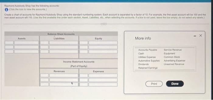 Raymond Autobody Shop has the following accounts:
(Click the icon to view the accounts)
Create a chart of accounts for Raymond Autobody Shop using the standard numbering system. Each account is separated by a factor of 10. For example, the first asset account will be 100 and the
next asset account will 110. (Use the first available fine under each section, Asset, Liabilities, etc., when selecting the accounts. If a box is not used, leave the box empty, do not select any labels)
Assets
Balance Sheet Accounts
Liabilities
Income Statement Accounts
(Part of Equity)
Revenues
Equity
Expenses
More info
Accounts Payable
Cash
Utilities Expense
Automotive Supplies
Dividends
Retained Eamings
Print
Service Revenue
Equipment
Common Stock
Advertising Expense
Uneamed Revenue
Done