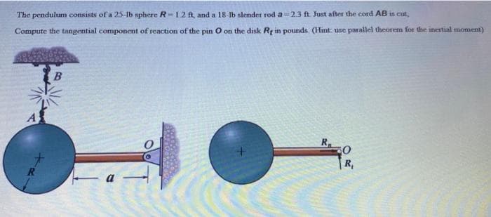 The pendulum consists of a 25-lb sphere R-1.2 ft, and a 18-lb slender rod a 2.3 ft. Just after the cord AB is cut,
Compute the tangential component of reaction of the pin O on the disk Re in pounds. (Hint: use parallel theorem for the inertial moment)
R
a
R₁
50
R₁