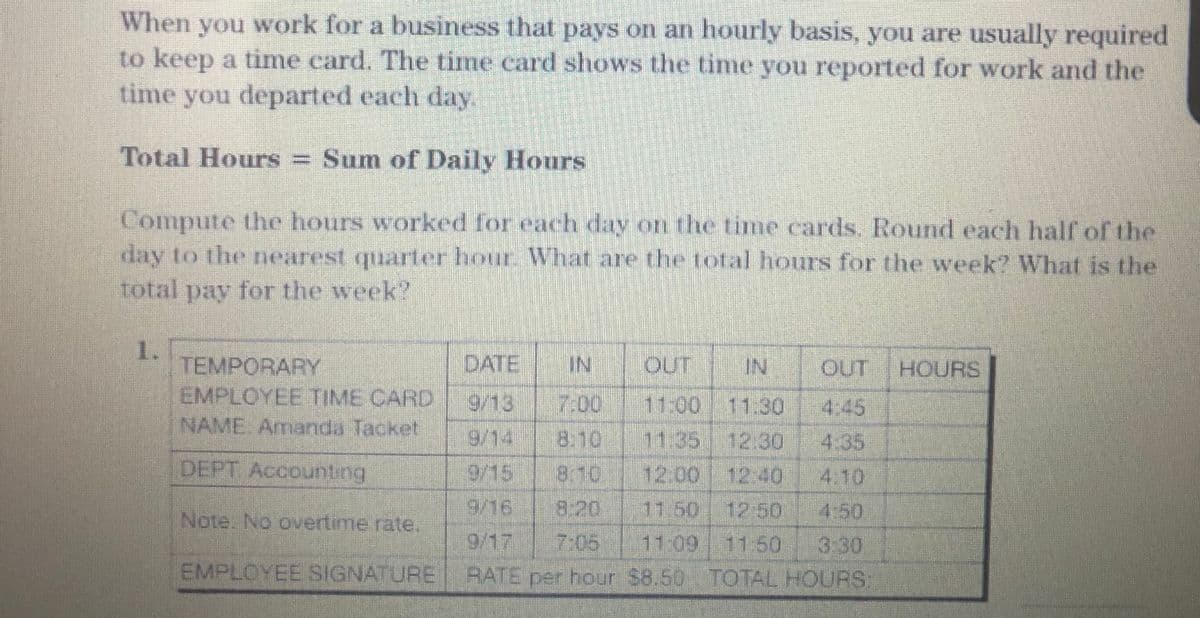 When you work for a business that pays on an hourly basis, you are usually required
to keep a time card. The time card shows the time you reported for work and the
time you departed each day.
Total Hours = Sum of Daily Hours
Compute the hours worked for each day on the time cards. Round each half of the
day to the nearest quarter hour What are the total hours for the week? What is the
total pay for the week?
1.
DATE
TEMPORARY
EMPLOYEE TIME CARD
NAME. Amanda Tacket
OUT
IN
OUT HOURS
9/137.00 11:00 11.30 4.45
9/14 8.10 11 35 12.30 4.35
9/15 8:10 12.00 12:40 4.10
9/16 8.20 11.50 12 50 450
9/17 7:06 11:09 1150 3:30
EMPLOYEE SIGNATURE RATE per hour $8.50 TOTAL HOURS:
DEPT. Accounting
Note. No overtime rate.
IN
