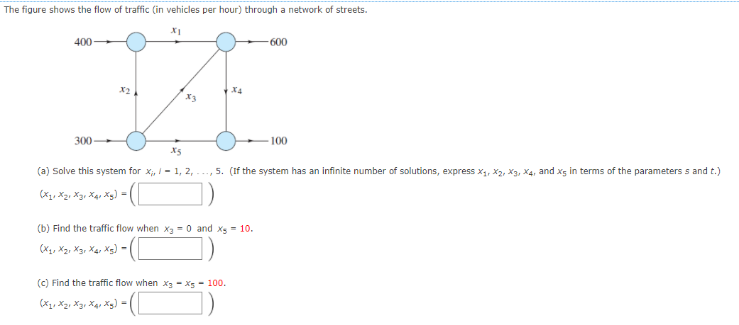 The figure shows the flow of traffic (in vehicles per hour) through a network of streets.
400
600
X2
300
100
(a) Solve this system for x;, i = 1, 2, ..., 5. (If the system has an infinite number of solutions, express x1, X2, X3, X4, and Xg in terms of the parameters s and t.)
(X1, X2, X3, X4, X5) =
(b) Find the traffic flow when x3 = 0 and x5 = 10.
(x1, X2, X3, X4, X5) =
(c) Find the traffic flow when x3 = X5 = 100.
(X1, X2, X3, X4, X5) =
