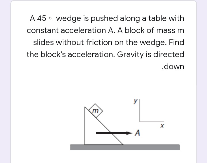 A 45 • wedge is pushed along a table with
constant acceleration A. A block of mass m
slides without friction on the wedge. Find
the block's acceleration. Gravity is directed
.down
y
m
- A
