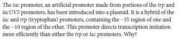 The tac promoter, an artificial promoter made from portions of the frp and
lacUV5 promoters, has been introduced into a plasmid. It is a hybrid of the
lac and trp (tryptophan) promoters, containing the –35 region of one and
the -10 region of the other. This promoter directs transcription initiation
more efficiently than either the trp or lac promoters. Why?
