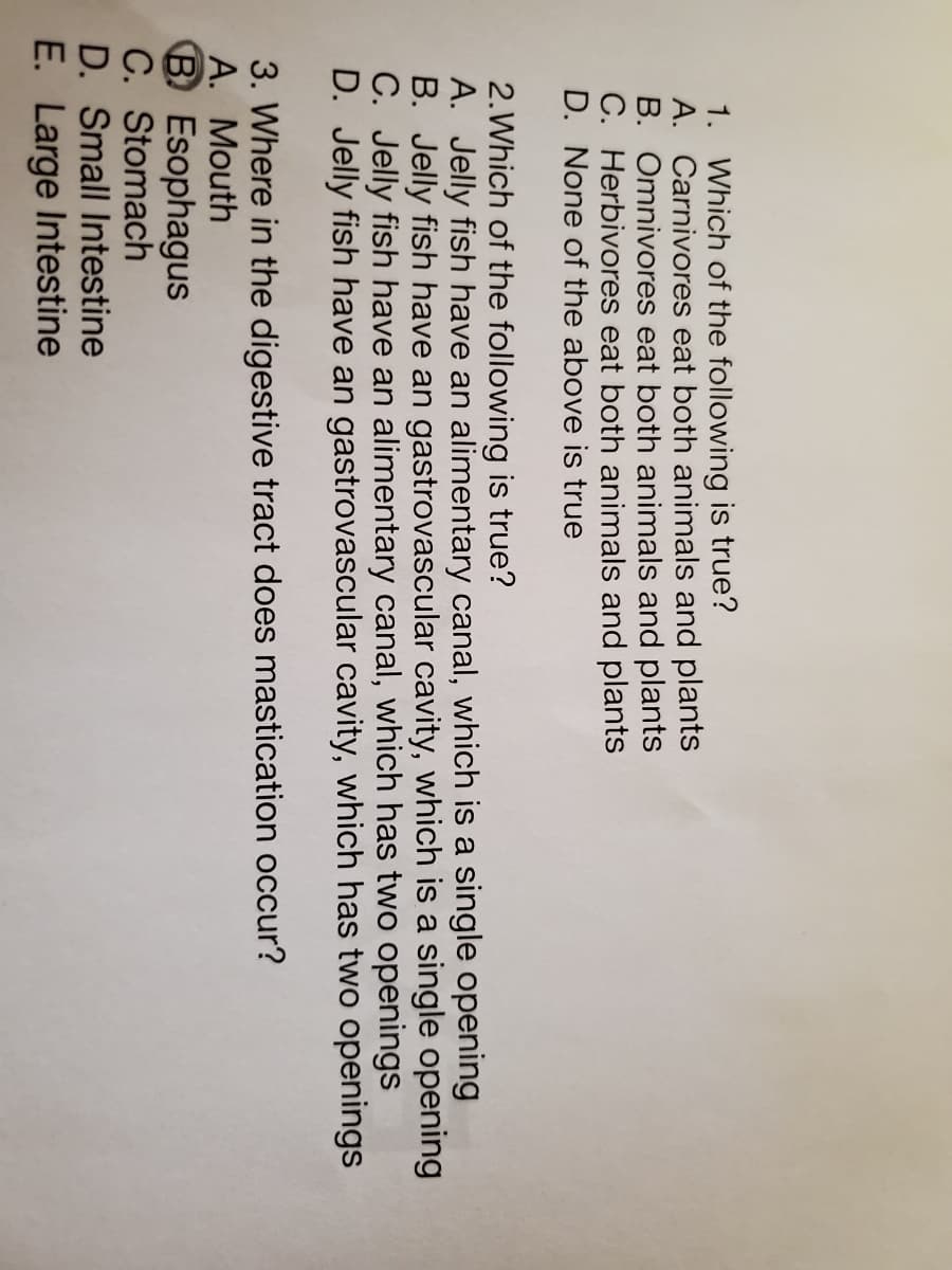 1. Which of the following is true?
A. Carnivores eat both animals and plants
B. Omnivores eat both animals and plants
C. Herbivores eat both animals and plants
D. None of the above is true
2.Which of the following is true?
A. Jelly fish have an alimentary canal, which is a single opening
B. Jelly fish have an gastrovascular cavity, which is a single opening
C. Jelly fish have an alimentary canal, which has two openings
D. Jelly fish have an gastrovascular cavity, which has two openings
3. Where in the digestive tract does mastication occur?
A. Mouth
B Esophagus
C. Stomach
D. Small Intestine
E. Large Intestine
