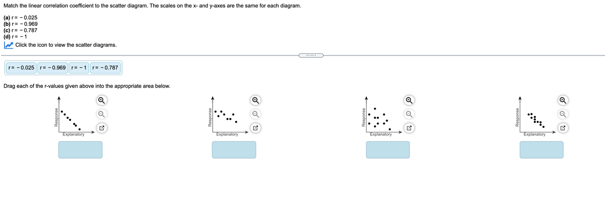 Match the linear correlation coefficient to the scatter diagram. The scales on the x- and y-axes are the same for each diagram.
(a) r= - 0.025
(b) r= - 0.969
(c) r= - 0.787
(d) r= -
Click the icon to view the scatter diagrams.
r= - 0.025
r= - 0.969| r= - 1
r= - 0.787
each of the r-values given above into the appropriate area below.
Explanatory
Explanatory
Explanatory
Explanatory
Response
Response
Response
Response
