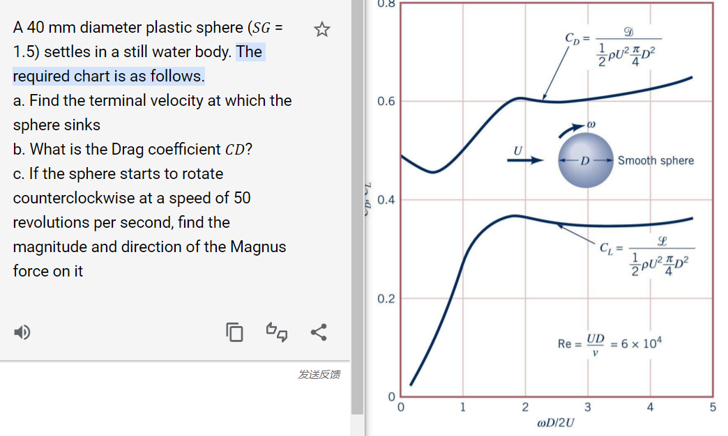 A 40 mm diameter plastic sphere (SG =
1.5) settles in a still water body. The
required chart is as follows.
a. Find the terminal velocity at which the
sphere sinks
b. What is the Drag coefficient CD?
c. If the sphere starts to rotate
counterclockwise at a speed of 50
revolutions per second, find the
magnitude and direction of the Magnus
force on it
D
发送反馈
0.8
0.6
0.4
0.2
1
2
D
PU -D²
(0
-D Smooth sphere
L
C₁ =
Re=
@D/2U
UD
V
3
= 6 x 104
4
5