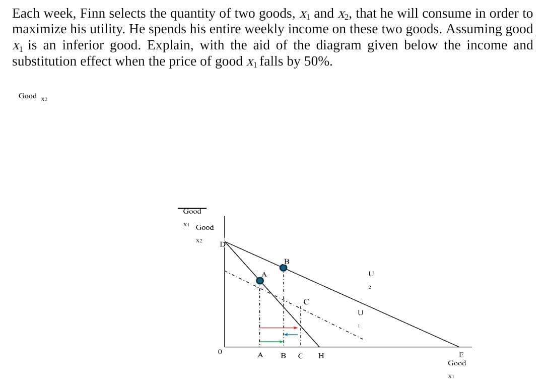 Each week, Finn selects the quantity of two goods, X₁ and X2, that he will consume in order to
maximize his utility. He spends his entire weekly income on these two goods. Assuming good
X₁ is an inferior good. Explain, with the aid of the diagram given below the income and
substitution effect when the price of good x₁ falls by 50%.
Good
X2
Good
XI
Good
X2
0
A
B C
H
U
U
E
Good
X1