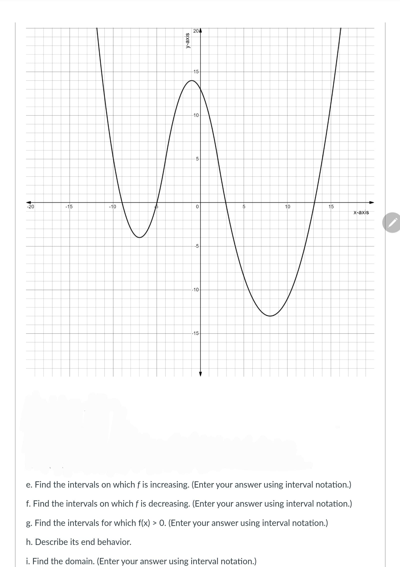 -20
-15
-10
y-axis
204
15-
10-
5
0
-5
-10-
-15
5
10
15
e. Find the intervals on which f is increasing. (Enter your answer using interval notation.)
f. Find the intervals on which f is decreasing. (Enter your answer using interval notation.)
g. Find the intervals for which f(x) > 0. (Enter your answer using interval notation.)
h. Describe its end behavior.
i. Find the domain. (Enter your answer using interval notation.)
x-axis