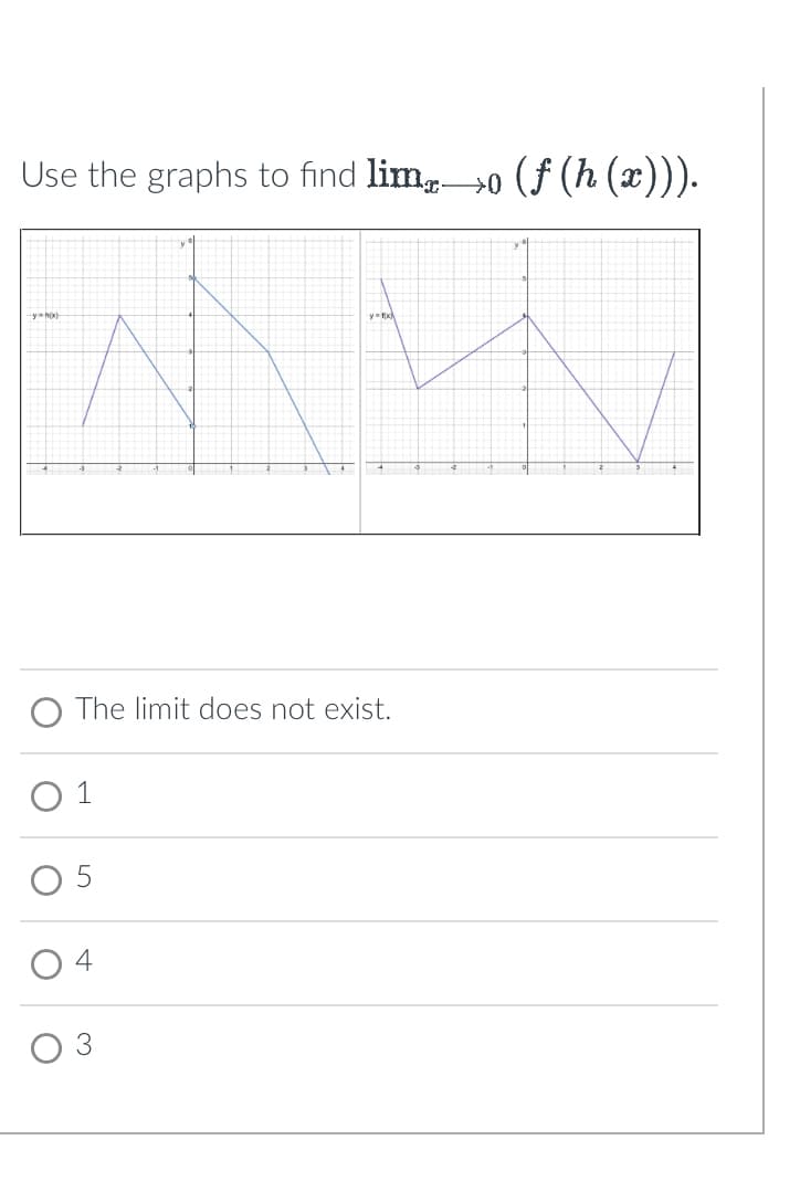 Use the graphs to find lim,―o (ƒ (h (x))).
-_y=h(x)
O
The limit does not exist.
L
y tx
04