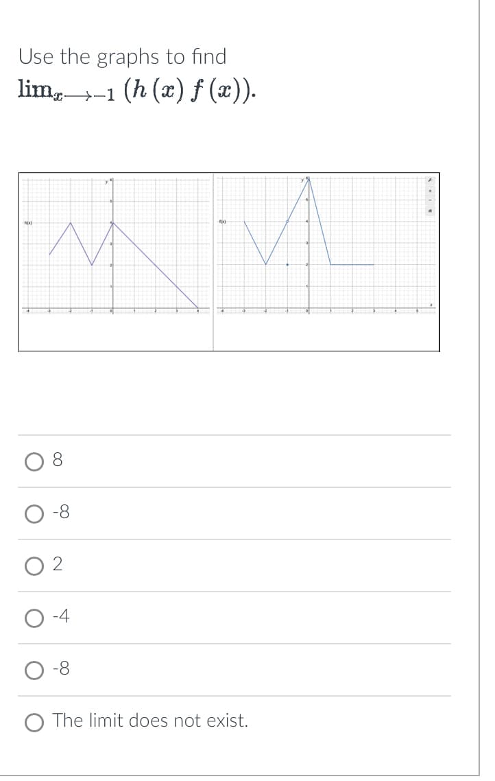 Use the graphs to find
lim1 (h (x) ƒ (x)).
O
C
OO
00
+
The limit does not exist.