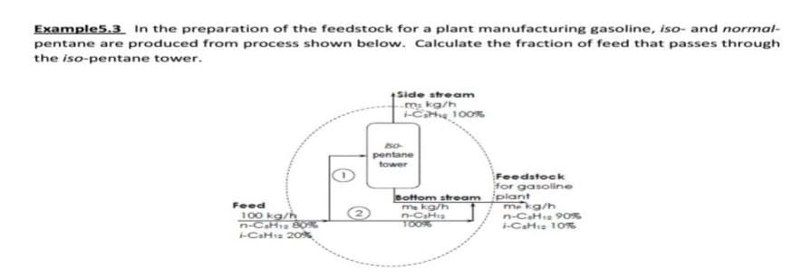 Example5.3 In the preparation of the feedstock for a plant manufacturing gasoline, iso- and normal-
pentane are produced from process shown below. Calculate the fraction of feed that passes through
the iso-pentane tower.
Side stream
m kg/h
-Cta 100%
pentane
tower
Feedstock
for gasoline
Bottom stream plant
me kg/h
n-CsHia
TOO%
mekg/h
n-CaHia 9O%
i-CSH12 10%
Feed
100 kg/h
n-CaHi 8O%
-CaHia 2o%
