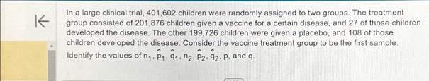 In a large clinical trial, 401,602 children were randomly assigned to two groups. The treatment
group consisted of 201,876 children given a vaccine for a certain disease, and 27 of those children
developed the disease. The other 199,726 children were given a placebo, and 108 of those
children developed the disease. Consider the vaccine treatment group to be the first sample.
Identify the values of n₁. P₁. 9₁. 0₂. P2. 42. P. and q.
A