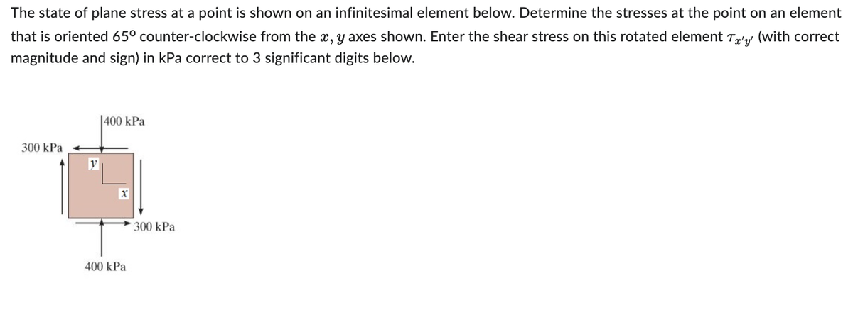 The state of plane stress at a point is shown on an infinitesimal element below. Determine the stresses at the point on an element
that is oriented 65° counter-clockwise from the x, y axes shown. Enter the shear stress on this rotated element Ta'y' (with correct
magnitude and sign) in kPa correct to 3 significant digits below.
300 kPa
y
400 kPa
X
400 kPa
300 kPa