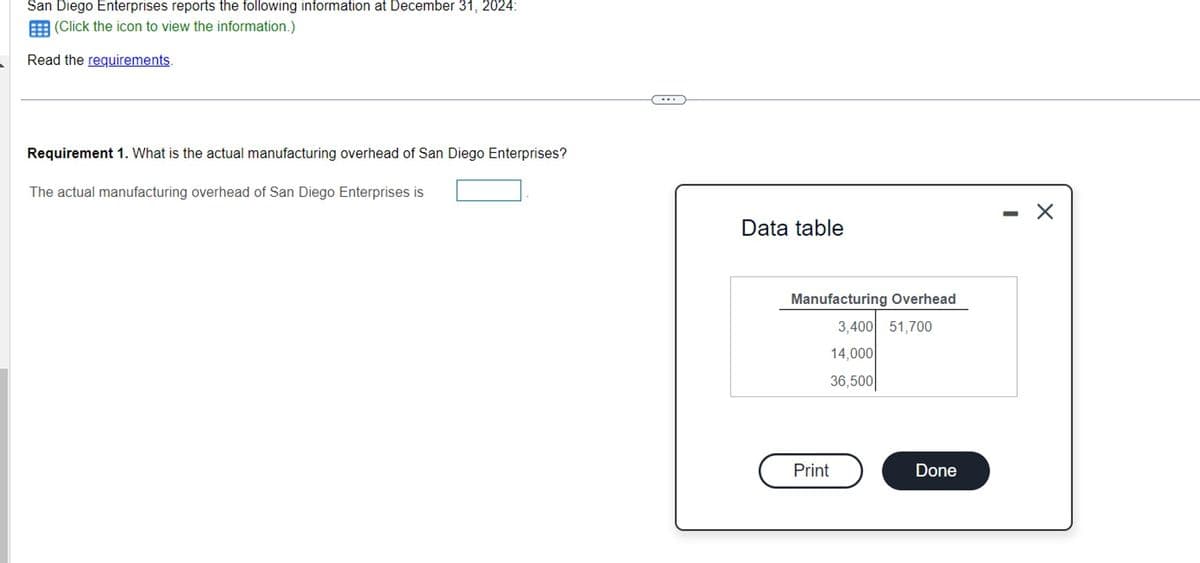 San Diego Enterprises reports the following information at December 31, 2024:
(Click the icon to view the information.)
Read the requirements.
Requirement 1. What is the actual manufacturing overhead of San Diego Enterprises?
The actual manufacturing overhead of San Diego Enterprises is
Data table
Manufacturing Overhead
3,400 51,700
14,000
36,500
Print
Done
X