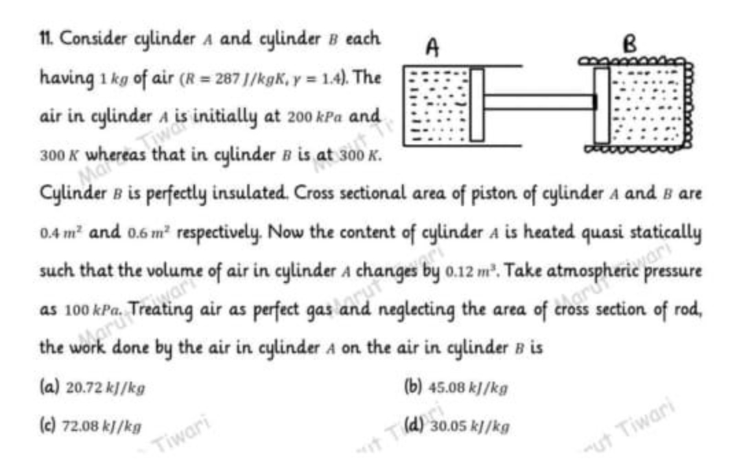 11. Consider cylinder A and cylinder B each
A
having 1 kg of air (R = 287 J/kgK, y = 1.4). The
B
air in cylinder
A
300 K
B is perfectly insulated. Cross sectional area of piston of cylinder A and B are
0.4 m² and 0.6 m² respectively. Now the content of cylinder a is heated quasi statically
such that the
ari
pressure
as 100 kPa.
air as perfect gas and neglecting the area of cross section of rod,
done by the air in cylinder a on the air in cylinder B is
(a) 20.72 k]/kg
(c) 72.08 k/kg
(b) 45.08 kJ/kg
Tiwari
30.05 k/kg
t Tlay
"ut Tiwari
