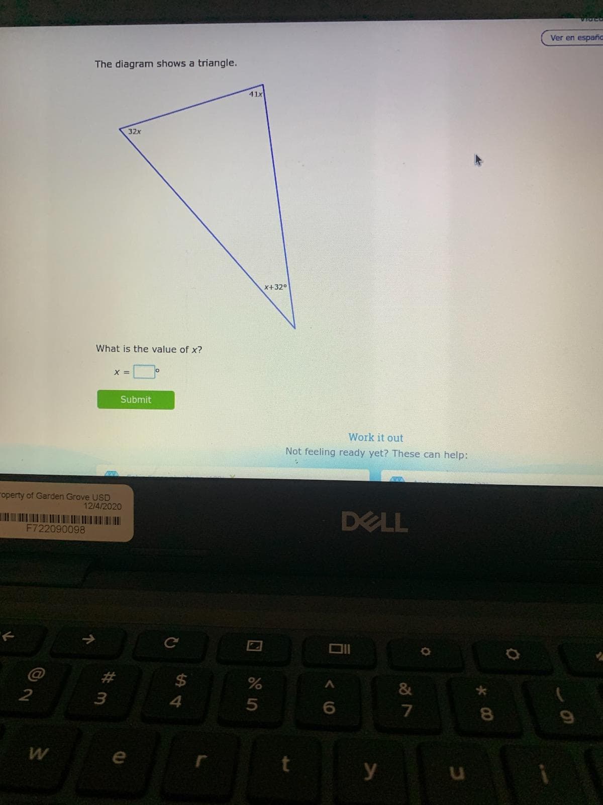 The diagram shows a triangle with three angles labeled as follows:

- The first angle is labeled \(32x\).
- The second angle is labeled \(41x\).
- The third angle is labeled \(x + 32^\circ\).

The question posed is: "What is the value of \(x\)?"

There is a space provided to input the value of \(x\) and a "Submit" button for entering your answer.

Additionally, there is a prompt saying "Work it out" with a note: "Not feeling ready yet? These can help:", suggesting resources or hints may be available for further assistance.