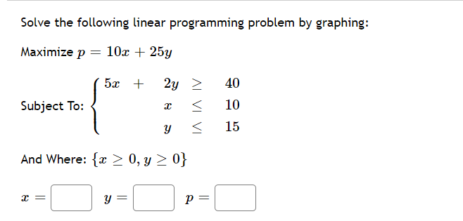 Solve the following linear programming problem by graphing:
Maximize p = 10x + 25y
5x +
2y >
40
Subject To:
10
15
And Where: {x > 0, y > 0}
y =
p =
AL VI VI
