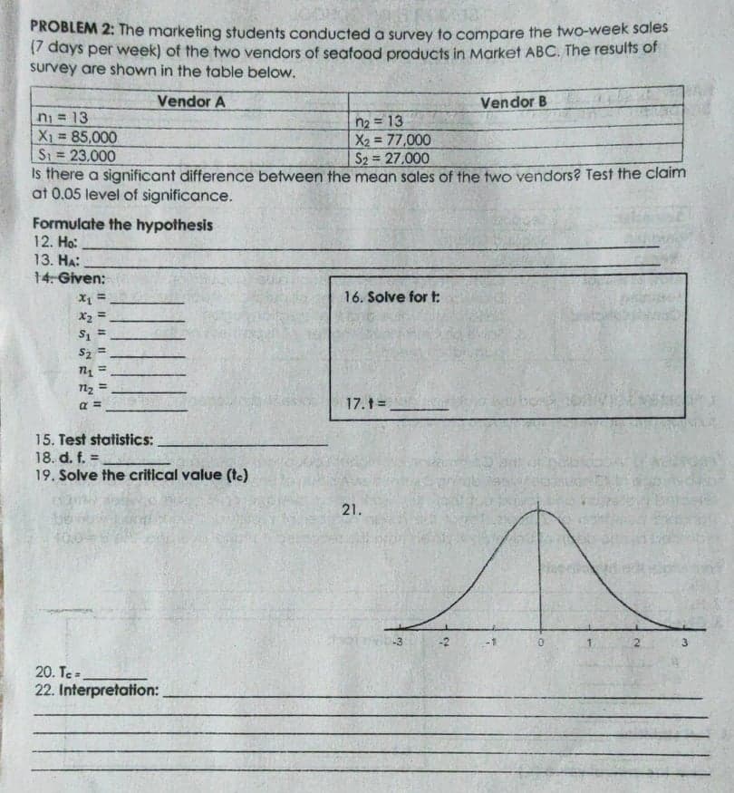 PROBLEM 2: The marketing students conducted a survey to compare the two-week sales
/ days per week) of the two vendors of seafood products in Market ABC. The results of
survey are shown in the table below.
Vendor A
Vendor B
ni = 13
X1 85,000
S1 23.000
Is there a significant difference between the mean sales of the two vendors? Test the claim
at 0.05 level of significance.
n2 = 13
X2 = 77,000
S2 27,000
Formulate the hypothesis
12. Ho:
13. НА:
14. Given:
16. Solve for t:
X3 =
S2 =
12 =
a =
17.t=
15. Test statistics:
18. d. f. =
19. Solve the critical value (te)
-3
3
20. Те.
22. Interpretation:
21.
