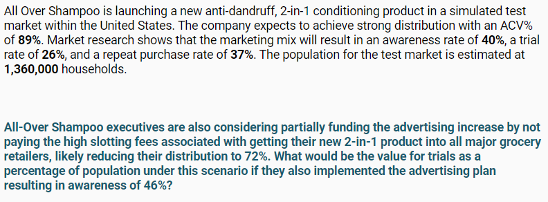 All Over Shampoo is launching a new anti-dandruff, 2-in-1 conditioning product in a simulated test
market within the United States. The company expects to achieve strong distribution with an ACV%
of 89%. Market research shows that the marketing mix will result in an awareness rate of 40%, a trial
rate of 26%, and a repeat purchase rate of 37%. The population for the test market is estimated at
1,360,000 households.
All-Over Shampoo executives are also considering partially funding the advertising increase by not
paying the high slotting fees associated with getting their new 2-in-1 product into all major grocery
retailers, likely reducing their distribution to 72%. What would be the value for trials as a
percentage of population under this scenario if they also implemented the advertising plan
resulting in awareness of 46%?
