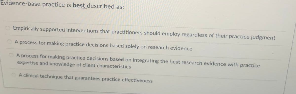 Evidence-base practice is best described as:
Empirically supported interventions that practitioners should employ regardless of their practice judgment
A process for making practice decisions based solely on research evidence
A process for making practice decisions based on integrating the best research evidence with practice
expertise and knowledge of client characteristics
A clinical technique that guarantees practice effectiveness
