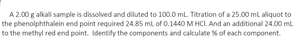 A 2.00 g alkali sample is dissolved and diluted to 100.0 mL. Titration of a 25.00 mL aliquot to
the phenolphthalein end point required 24.85 ml of 0.1440 M HCI. And an additional 24.00 mL
to the methyl red end point. Identify the components and calculate % of each component.
