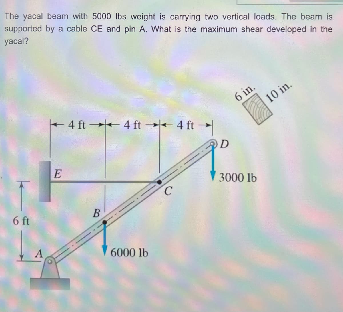 The yacal beam with 5000 lbs weight is carrying two vertical loads. The beam is
supported by a cable CE and pin A. What is the maximum shear developed in the
yacal?
6 ft
A
←
- 4 ft →→ 4 ft →→ 4 ft →→
E
B
6000 lb
C
D
6 in.
3000 lb
01..—.—.—.
10 in.