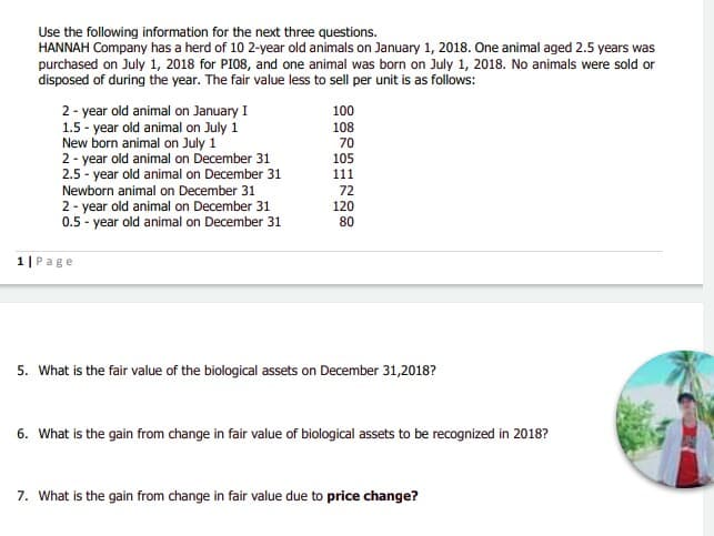 Use the following information for the next three questions.
HANNAH Company has a herd of 10 2-year old animals on January 1, 2018. One animal aged 2.5 years was
purchased on July 1, 2018 for PI08, and one animal was born on July 1, 2018. No animals were sold or
disposed of during the year. The fair value less to sell per unit is as follows:
2 - year old animal on January I
1.5 - year old animal on July 1
New born animal on July 1
2 - year old animal on December 31
2.5 - year old animal on December 31
100
108
70
105
111
Newborn animal on December 31
2 - year old animal on December 31
0.5 - year old animal on December 31
72
120
80
1|Page
5. What is the fair value of the biological assets on December 31,2018?
6. What is the gain from change in fair value of biological assets to be recognized in 2018?
7. What is the gain from change in fair value due to price change?
