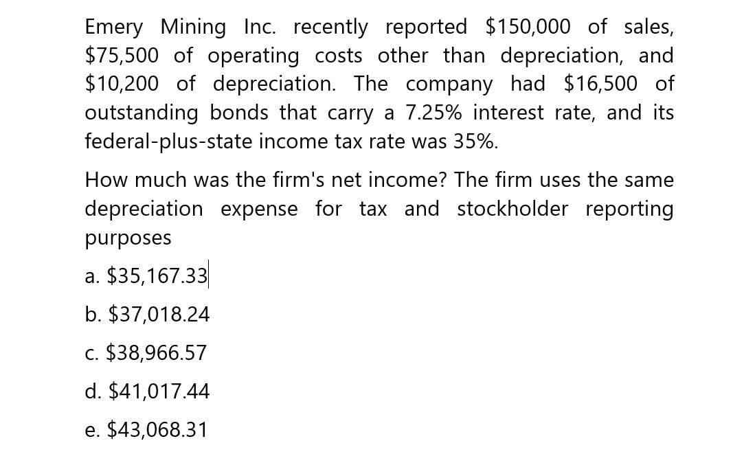 Emery Mining Inc. recently reported $150,000 of sales,
$75,500 of operating costs other than depreciation, and
$10,200 of depreciation. The company had $16,500 of
outstanding bonds that carry a 7.25% interest rate, and its
federal-plus-state income tax rate was 35%.
How much was the firm's net income? The firm uses the same
depreciation expense for tax and stockholder reporting
purposes
a. $35,167.33
b. $37,018.24
c. $38,966.57
d. $41,017.44
e. $43,068.31