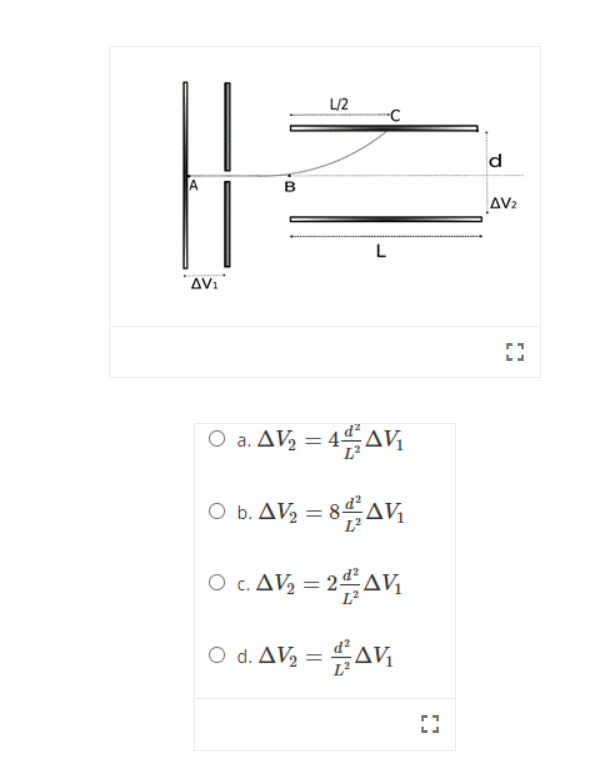 L/2
-C
d
в
AV2
*AV1
O a. AV½ = 4AV,
%3D
O b. AV, = 8AV,
O c. AV½ = 2AV,
O d. ΔVs =DAV
