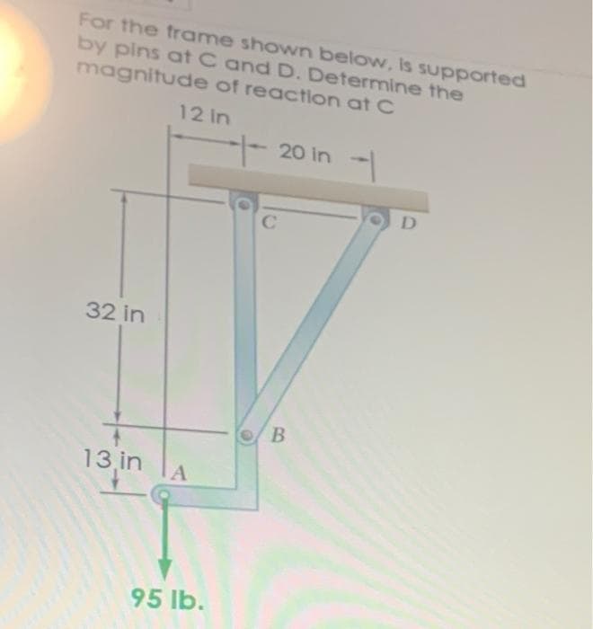 For the frame shown below, is supported
by pins at C and D. Determine the
magnitude of reaction at C
12 in
20 in -
32 in
13 in
95 lb.
