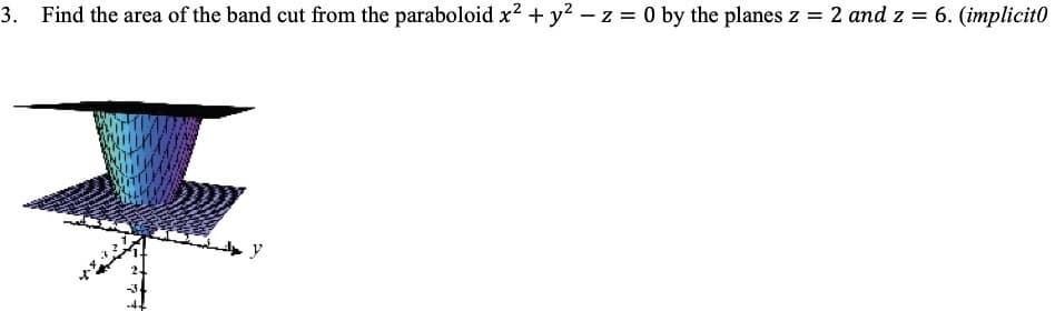 3. Find the area of the band cut from the paraboloid x² + y² -z = 0 by the planes z = 2 and z = 6. (implicit0
y