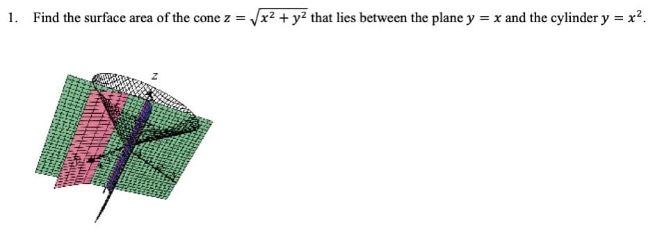 1. Find the surface area of the cone z = √√x² + y² that lies between the plane y = x and the cylinder y = x².
Z