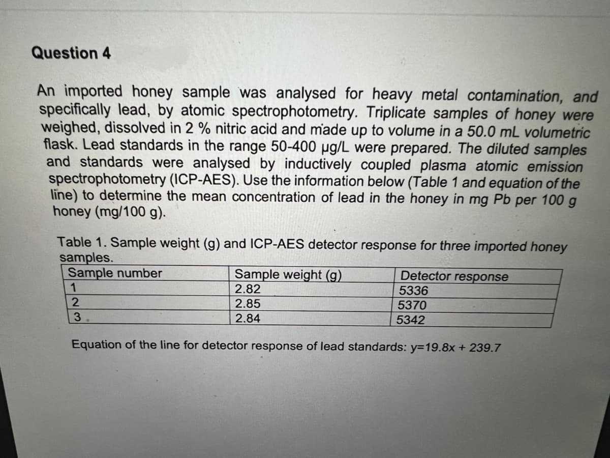 Question 4
An imported honey sample was analysed for heavy metal contamination, and
specifically lead, by atomic spectrophotometry. Triplicate samples of honey were
weighed, dissolved in 2 % nitric acid and made up to volume in a 50.0 mL volumetric
flask. Lead standards in the range 50-400 µg/L were prepared. The diluted samples
and standards were analysed by inductively coupled plasma atomic emission
spectrophotometry (ICP-AES). Use the information below (Table 1 and equation of the
line) to determine the mean concentration of lead in the honey in mg Pb per 100 g
honey (mg/100 g).
Table 1. Sample weight (g) and ICP-AES detector response for three imported honey
samples.
Sample number
1
2
3
Sample weight (g)
2.82
2.85
2.84
Detector response
5336
5370
5342
Equation of the line for detector response of lead standards: y=19.8x + 239.7