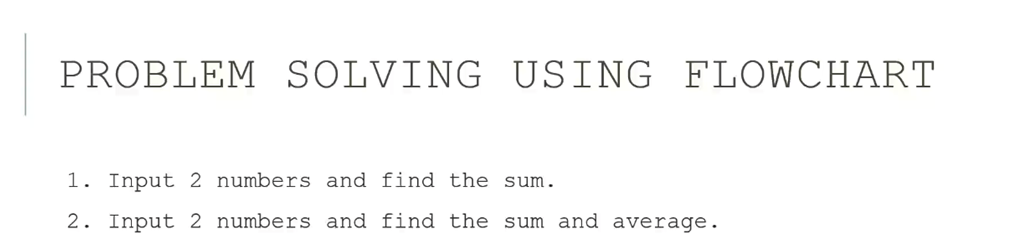 PROBLEM SOLVING USING FLOWCHART
1. Input 2 numbers and find the sum.
2. Input 2 numbers and find the sum and average.