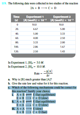 119. The following data were collected in two studies of the reaction
2A + B →C+D
Time
Experiment 1
[A] (mol/L) x 10-2 (A] (mol/L) x 10?
Experiment 2
(s)
10.0
10.0
20.
6.67
5.00
40.
5.00
3.33
60.
4.00
2.50
80.
333
2.00
100.
2.86
1.67
120.
2.50
1.43
In Experiment 1, [B] - 5.0 M.
In Experiment 2, [B), - 10.0 M.
-A[A]
Rate
At
a. Why is [B] much greater than [A]?
h Give the rate law and value for k for this reaction.
c Which of the following mechanisms could be correct for
this reaction? Justify your choice.
E+B
i. A
E+A
i. A+A
E+B
E (fast equilibrium)
C+D (slow)
E (fast equilibrium)
C+D (slow)
E (skow)
C+D (fast)
