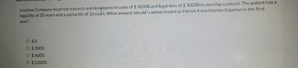 Ivanhoe Company incurred research and development costs of $ 90000 and legal fees of $ 30000 to develop a patent. The patent has a
legal life of 20 years and a useful life of 10 years. What amount should Ivanhoe record as Patent Amortization Expense in the first
year?
O $0.
O $ 3000.
O $ 6000.
O $ 12000.
