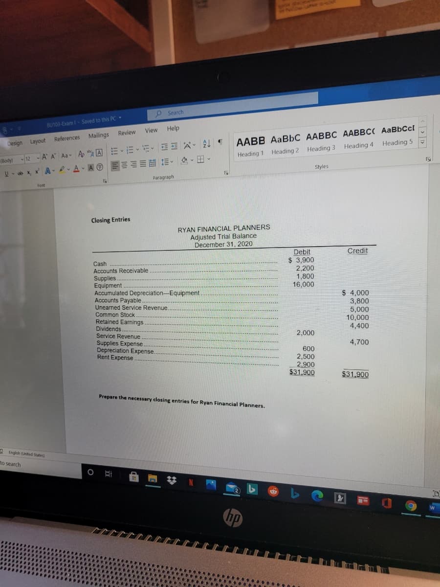 O Search
BU103-Exam- Saved to this PC
View
Help
AABB AABBC AABBC AABBC( AaBbCcl
Heading 5
Review
References
Mailings
Design
Layout
12 A A Aa A AE EEEE Ä
Heading 1 Heading 2 Heading 3 Heading 4
(Body)
U-e x, x A- .A A EEEE E- A - E -
Styles
Paragraph
Font
Closing Entries
RYAN FINANCIAL PLANNERS
Adjusted Trial Balance
December 31, 2020
Credit
Debit
$ 3,900
2,200
1,800
16,000
Cash
Accounts Receivable
Supplies
Equipment
Accumulated Depreciation-Equipment.
Accounts Payable.
Unearned Service Revenue.
Common Stock
Retained Earnings
Dividends
Service Revenue
Supplies Expense
Depreciation Expense.
Rent Expense
$ 4,000
3,800
5,000
10,000
4,400
2,000
4,700
600
2,500
2,900
$31,900
$31,900
Prepare the necessary closing entries for Ryan Financial Planners.
A Engish (United Stutes)
to search
