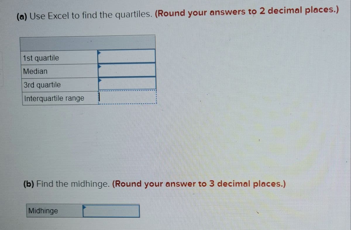 (a) Use Excel to find the quartiles. (Round your answers to 2 decimal places.)
1st quartile
Median
3rd quartile
Interquartile range
(b) Find the midhinge. (Round your answer to 3 decimal places.)
Midhinge