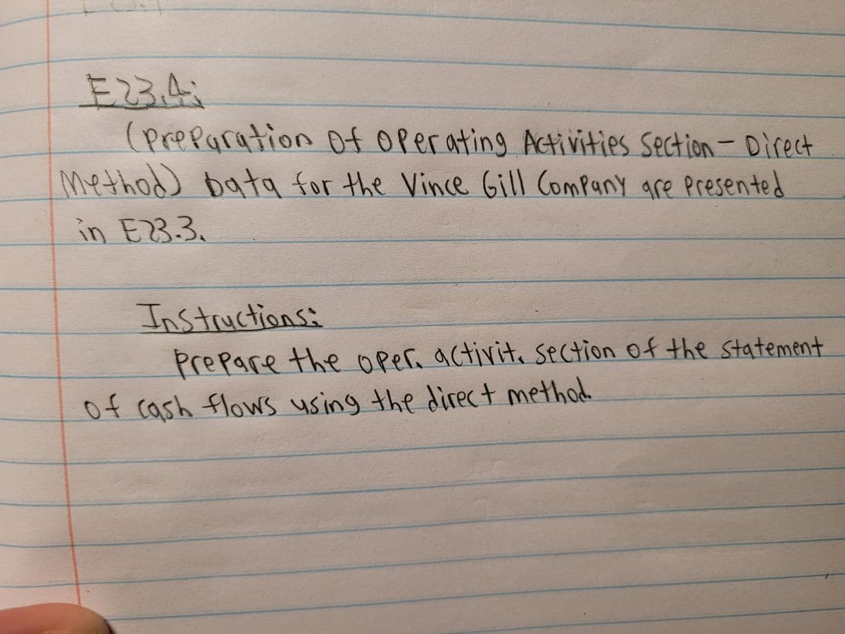 E23.4i
(Prepuration Of Operating Activities Section- Direct
Method) bata for the Vince Gill Company are Presented
in E3.3.
Instructions:
Prepare the Operi activite Section of the statement
of cash flowS using the direct method
