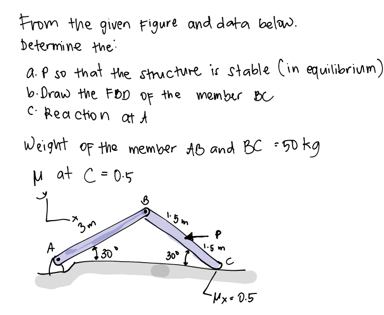 From the given Figure and data below.
Determine the
a. P so that the structure is stable (in equilibrivum)
b.Draw the FOD OF the member BC
C. Rea ction at A
Weight of the member AB and BC :50 kg
M at C =0.5
%3D
3 m
A
1.5 m
30°
Mx- D.5
