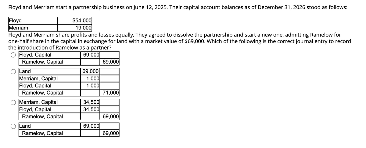 Floyd and Merriam start a partnership business on June 12, 2025. Their capital account balances as of December 31, 2026 stood as follows:
Floyd
Merriam
$54,000
19,000
Floyd and Merriam share profits and losses equally. They agreed to dissolve the partnership and start a new one, admitting Ramelow for
one-half share in the capital in exchange for land with a market value of $69,000. Which of the following is the correct journal entry to record
the introduction of Ramelow as a partner?
Floyd, Capital
69,000
Ramelow, Capital
Land
Merriam, Capital
Floyd, Capital
Ramelow, Capital
Merriam, Capital
Floyd, Capital
Ramelow, Capital
Land
Ramelow, Capital
69,000
1,000
1,000
34,500
34,500
69,000
69,000
71,000
69,000
69,000