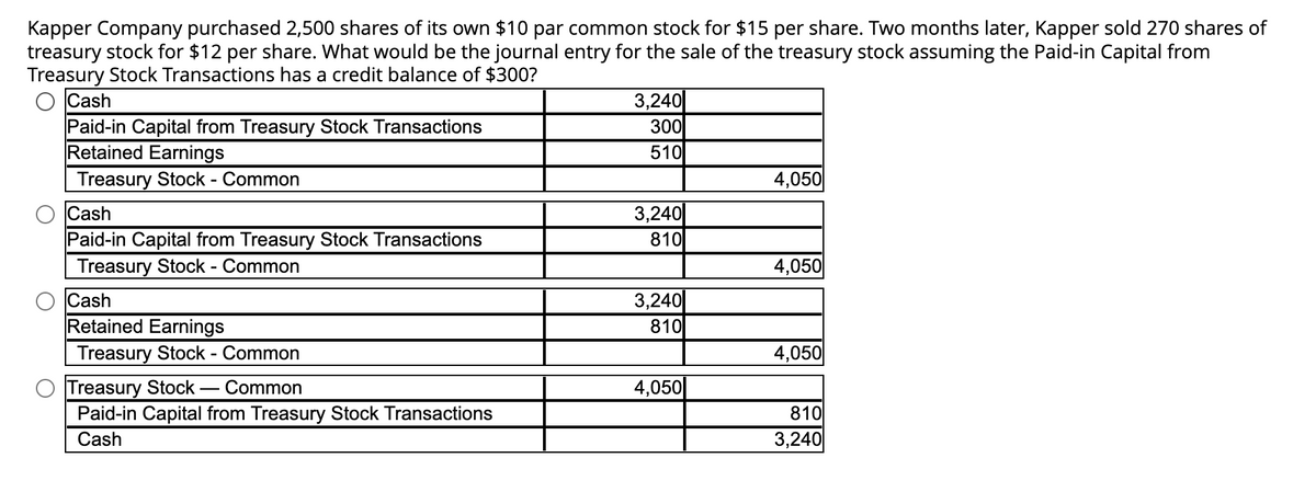 Kapper Company purchased 2,500 shares of its own $10 par common stock for $15 per share. Two months later, Kapper sold 270 shares of
treasury stock for $12 per share. What would be the journal entry for the sale of the treasury stock assuming the Paid-in Capital from
Treasury Stock Transactions has a credit balance of $300?
Cash
Paid-in Capital from Treasury Stock Transactions
Retained Earnings
Treasury Stock - Common
Cash
Paid-in Capital from Treasury Stock Transactions
Treasury Stock - Common
Cash
Retained Earnings
Treasury Stock - Common
Treasury Stock - Common
Paid-in Capital from Treasury Stock Transactions
Cash
3,240
300
510
3,240
810
3,240
810
4,050
4,050
4,050
4,050
810
3,240